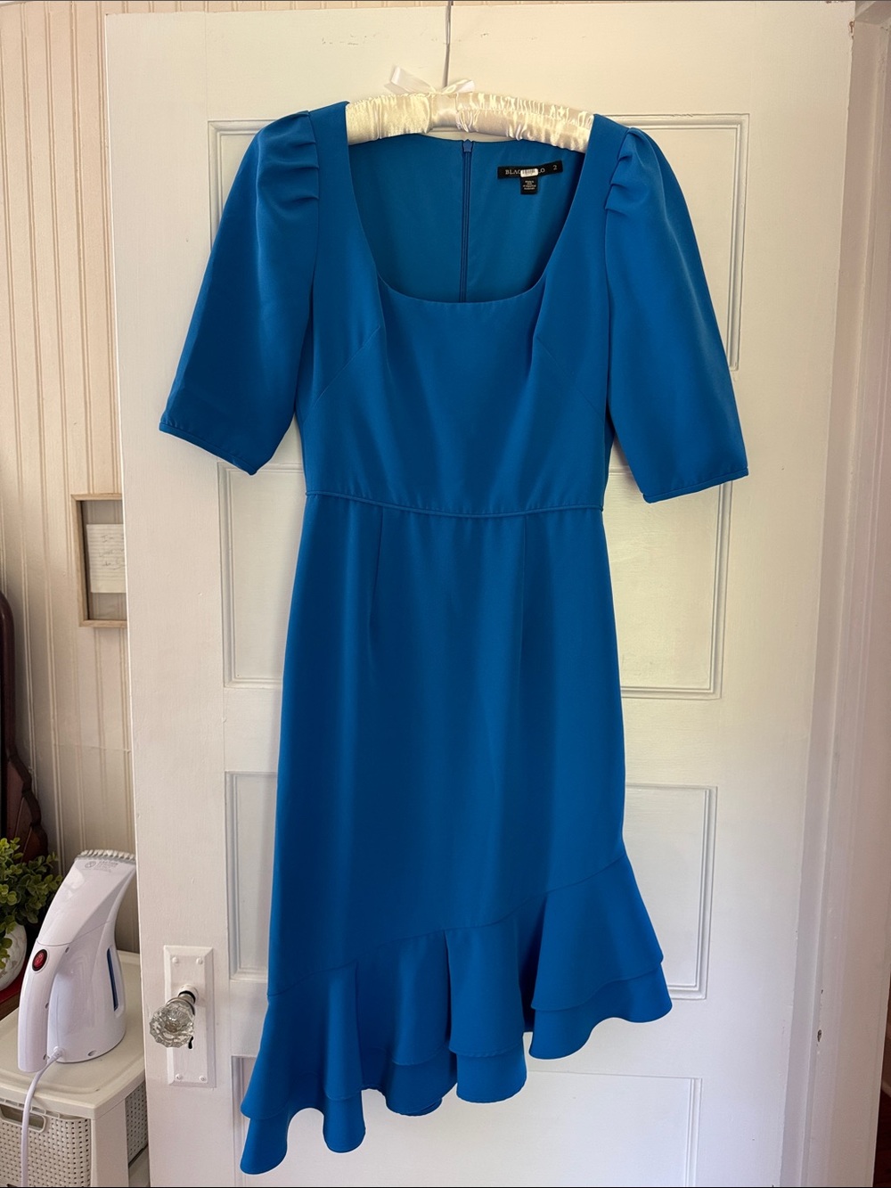 Black Halo Bright Blue Square-Neck Midi Dress with Ruffle Hem